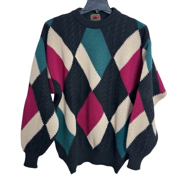 VTG 90s Boston Traders Men's Sweater Large Black 100% Wool Color Block Crewneck - Picture 1 of 13